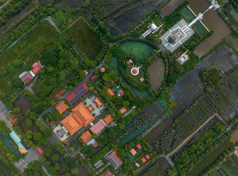 Abstract aerial photo of Chanh Giac Truc Lam Zen Monastery, Tien Giang province