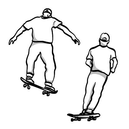 Skater riding along and balancing off a rail. Sketch illustration