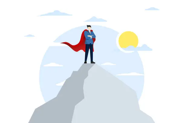 Vector illustration of Success concept. Motivation or aspirations to achieve goals. Ambition for success, victory or career, challenge or goal. Successful businessman superhero takes pride in being on top of the mountain.