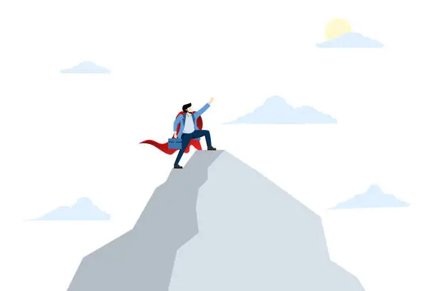 Vector illustration of concept of ambition for success, motivation or aspiration to achieve a goal, victory or growth, challenge or goal for success, successful businessman superhero pointing to the top of the mountain.