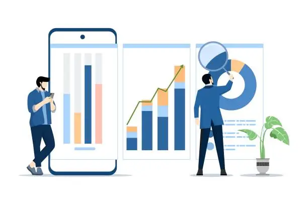 Vector illustration of concept of analysis and monitoring of investment and financial report graphs on monitor. People analyze growth charts, business people analyze and monitor investments and financial reports.