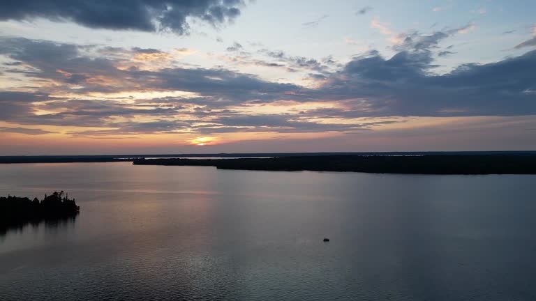 Lake Rosseau Against Dramatic Sunset Sky In Ontario, Canada. Aerial Shot