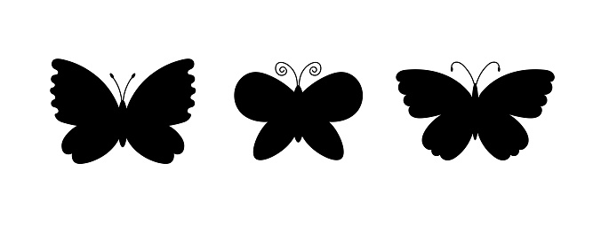 Collection of hand drawn moth illustrations. Various butterflies black shapes.