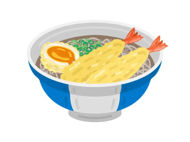 Vector illustration of An illustration of warm soba noodles topped with shrimp tempura and eggs.