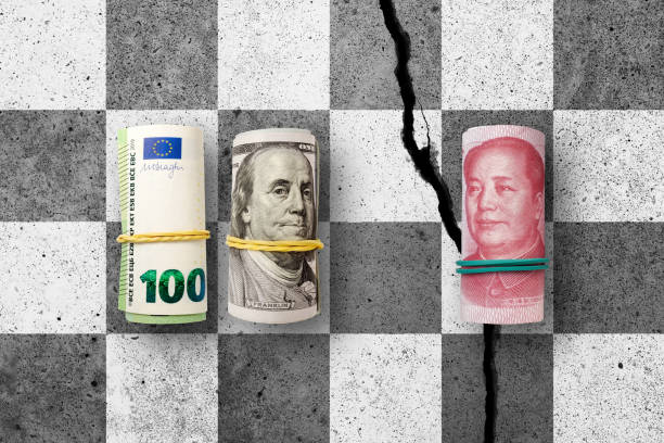 100 us dollars, hundred euros and 100 yuan banknotes on cracked concrete chess desk. yuan is the currency of the china. united states, europe union trade war vs china - currency exchange currency european union currency dollar imagens e fotografias de stock