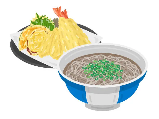 Vector illustration of Illustration of assorted soba and tempura.