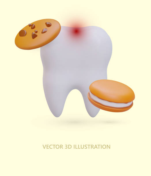 3D tooth, sweet cookie. Violation of oral hygiene. Tooth enamel damage, pain 3D tooth, sweet cookie. Violation of oral hygiene. Tooth enamel damage, pain. Excessive consumption of sweets. Vertical poster with color illustration, place for text cute cartoon dental implants stock illustrations