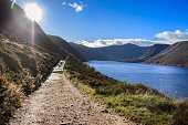 Scottish landscape. Path around Loch Muick in Cairngorms National Park. Ballater and Royal Deeside, Aberdeenshire, Scotland, UK. September 2023