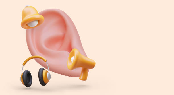 istock 3D ear, headphones, bell, loudspeaker. Examination of hearing organs, audiometry 1690140247