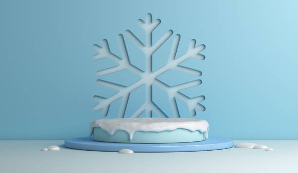 istock Winter display podium decoration background with balloon, snowflakes, gift box, copy space text, 3D rendering illustration 1690144035
