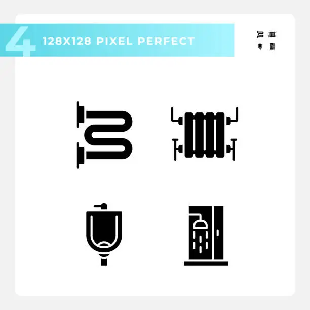 Vector illustration of 2D pixel perfect glyph style plumbing icons