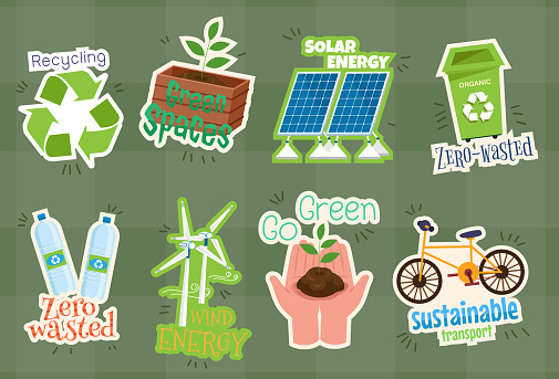 Green energy concept. Various stickers for environmental conservation campaigns such as clean energy, recycling, reducing air pollution, increasing green space.