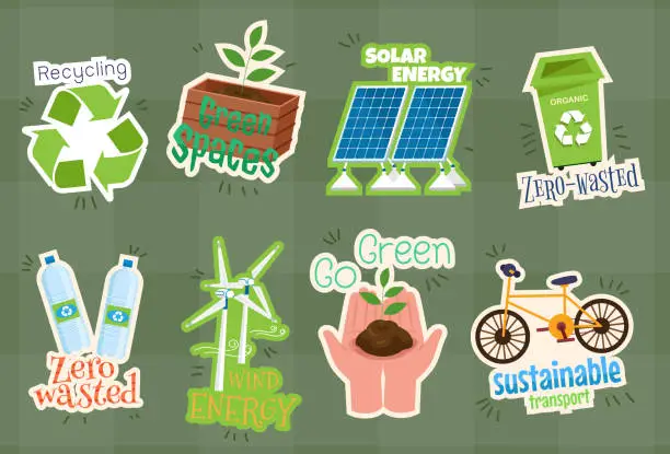 Vector illustration of Green energy concept. Various stickers for environmental conservation campaigns