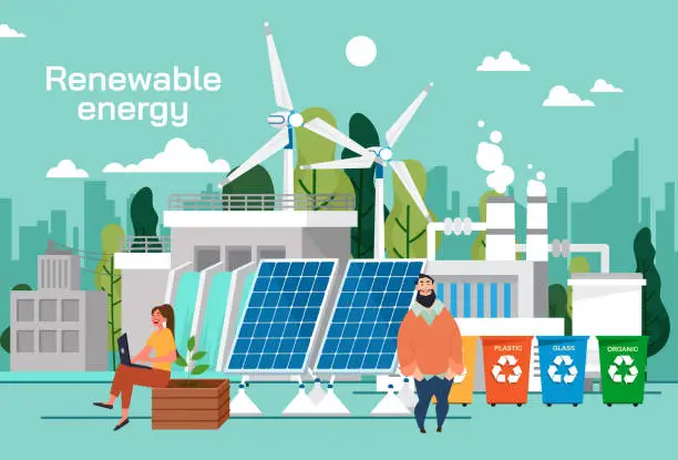 Vector illustration of Green renewable energy infrastructure and smart community, eco friendly Elements with sustainable living