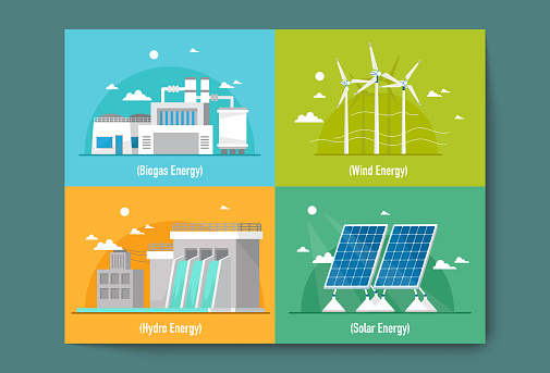 For a clean and sustainable world, renewable energy is used to reduce pollution, such as biopower plants, hydroelectric plants, wind turbines, and solar cells.