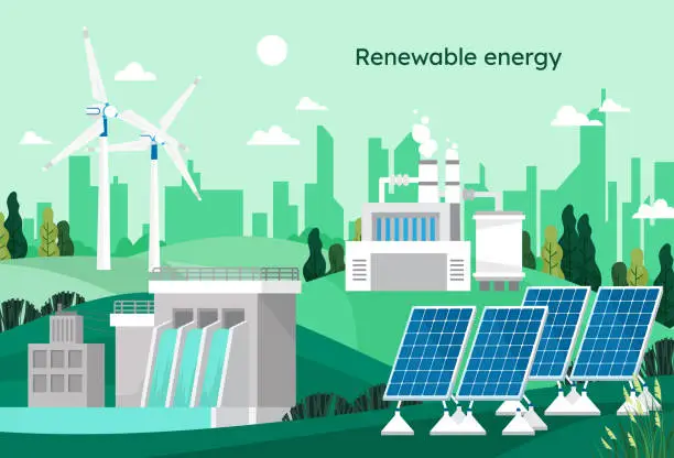 Vector illustration of For a clean and sustainable world, renewable energy is used to reduce pollution, such as biopower plants, hydroelectric plants, wind turbines, and solar cells.