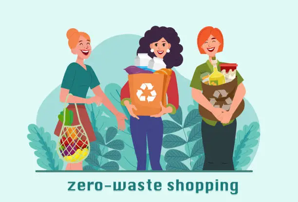 Vector illustration of Woman on Zero Waste Shopping she buying recycling eco friendly Fabric shopper and wicker bag.