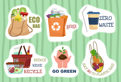zero waste shopping bag illustration sticker set of Cloth shopping bags, knitted bags, basket, food box, paper mug, paper bag, eco-friendly from recycle matterial