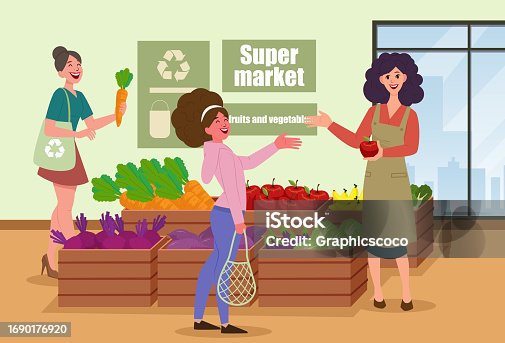 istock Woman on Zero Waste Shopping she buying recycling eco friendly Fabric shopper and wicker bag. 1690176920