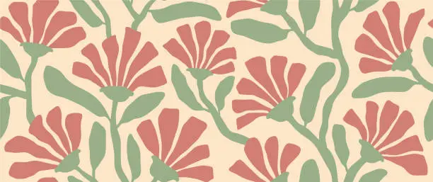 Vector illustration of Summer abstract floral groovy floral seamless pattern textile vintage print. retro trippy cute flowers on a beige background.