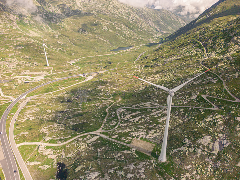 Aerial view: Wind turbines and concrete dam