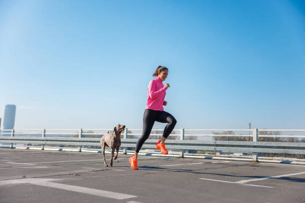 istock Active young woman going for a run with her dog on empty parking lot on a clear day 1690224442