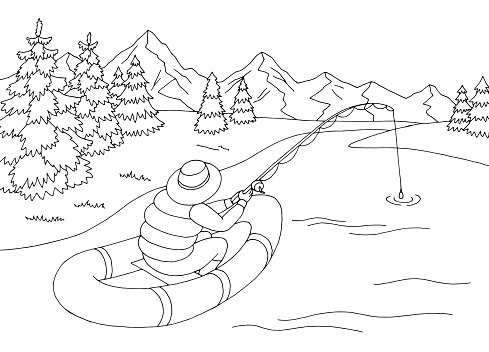 Fishing man in a boat graphic black white landscape sketch illustration vector