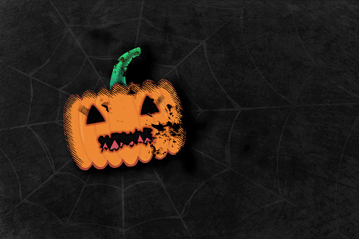 Blank empty Halloween backgrounds with one carved pumpkin, with eyes and mouth over gray balck spider's web backdrop. Apt for use as spooky backdrops, wallpapers, posters, banners, cards design and templates. There is no text, no people and copy space.