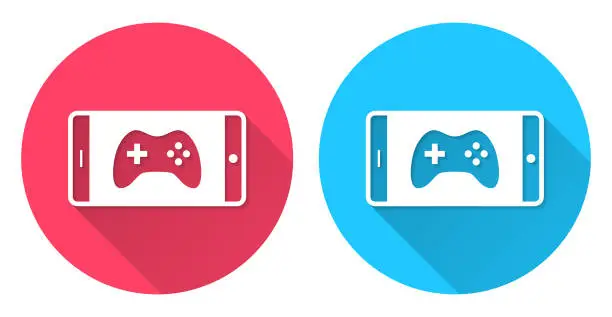 Vector illustration of Video game on smartphone. Round icon with long shadow on red or blue background