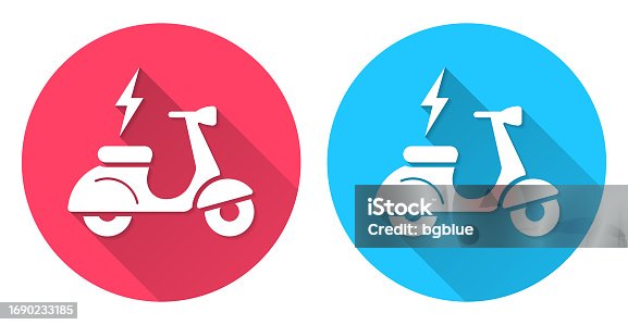 istock Electric scooter motorcycle in charge. Round icon with long shadow on red or blue background 1690233185