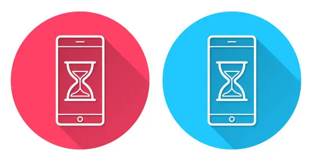 Vector illustration of Smartphone with hourglass. Round icon with long shadow on red or blue background