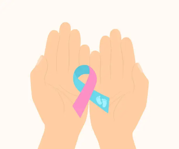 Vector illustration of Pregnancy And Infant Loss Awareness Month Concept. Hand Holding Pink Blue Awareness Ribbon With Baby Footprint