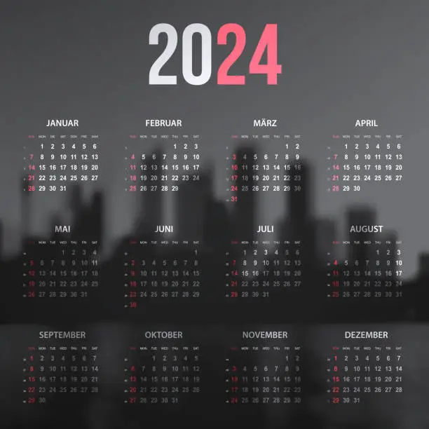 Vector illustration of German Calendar 2024 on city skyline in black and white