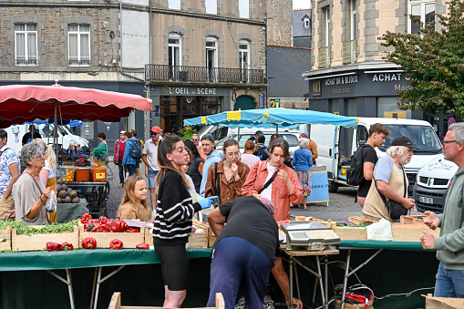 Saint-Brieuc, Brittany, France, August 23, 2023 - People at the weekly summer market of local producers and artisans in Saint Brieuc, Brittany