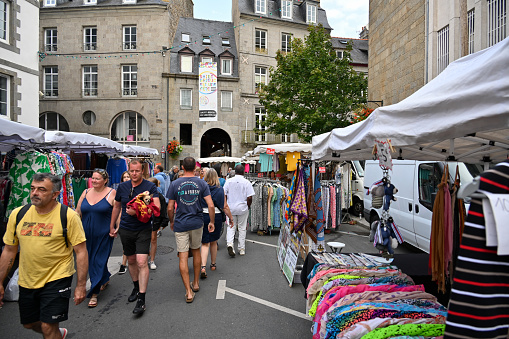 Saint-Brieuc, Brittany, France, August 23, 2023 - People at the weekly summer market of local producers and artisans in Saint Brieuc, Brittany