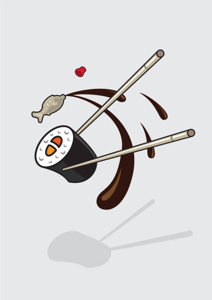 Japanese food concept - seaweed wrapped sushi and soy sauce Japanese food concept. Seaweed wrapped around sticky rice and sushi with two chopsticks. A fish capsule with red cap squirts rich, dark soy sauce over the floating sushi. cartoon of the sushi plate stock illustrations