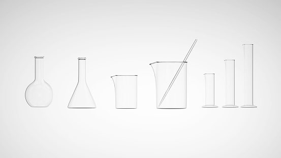 3D rendering of Laboratory Glass Volumetric Flasks, volumetric flask, erlenmeyer flask, conical flask, round bottom flask, flat bottom flask or florence flask