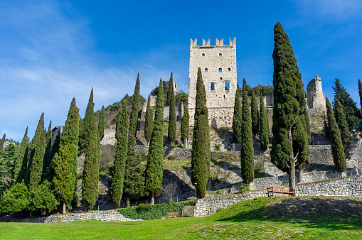 03 October 2016: Front view of Arco Castle located in Arco, Trento province, Italy