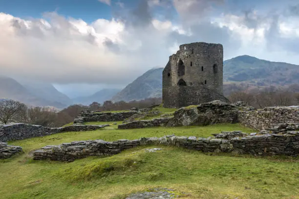 Photo of Dolbadarn Castle ruins overlooking Padarn Lake, Snowdonia National Park, Wales