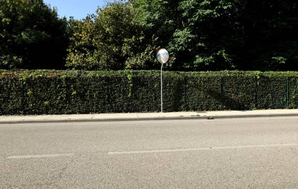 istock Traffic wide angle security convex mirror on concrete sidewalk. Fence consisting in evergreen hedge on behind and two lane urban road in front. 1690305352
