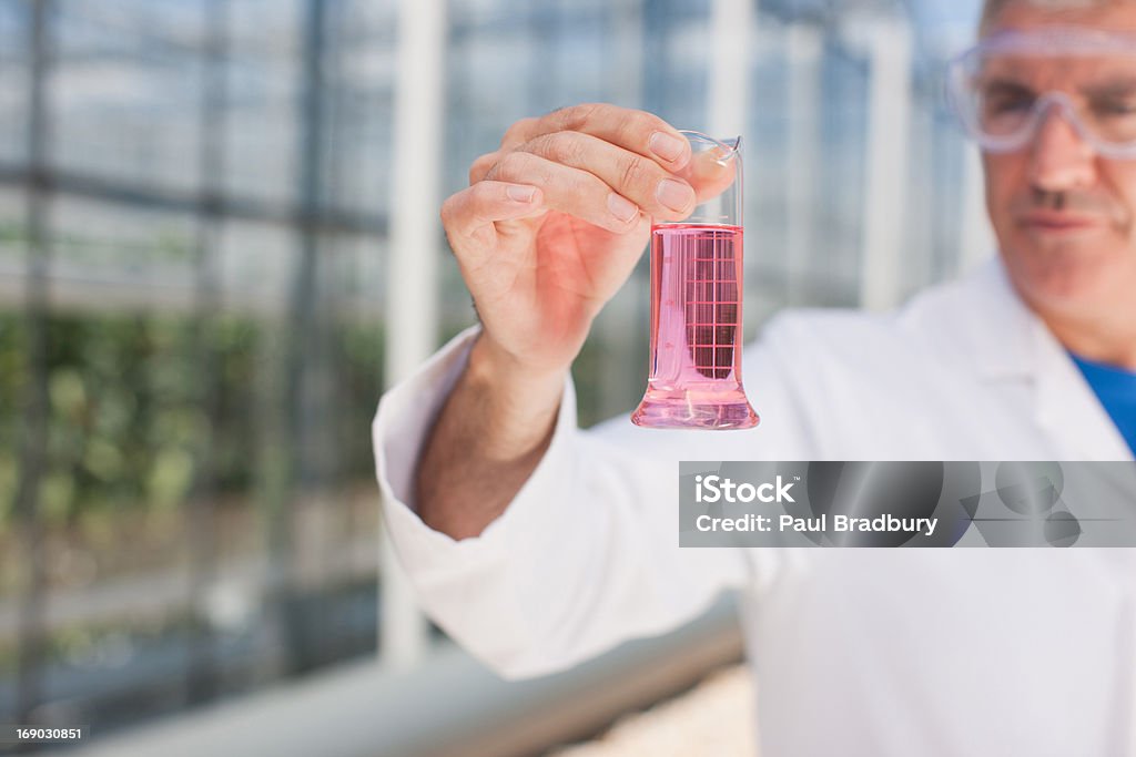 Scientist examining contents of test tube outdoors  50-54 Years Stock Photo