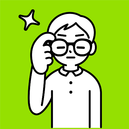 Minimalist Style Characters Designs Vector Art Illustration.
A boy adjusting or pushing his Horn-rimmed glasses, minimalist style, black and white outline.
