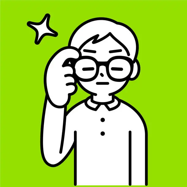 Vector illustration of A boy adjusting or pushing his Horn-rimmed glasses, minimalist style, black and white outline
