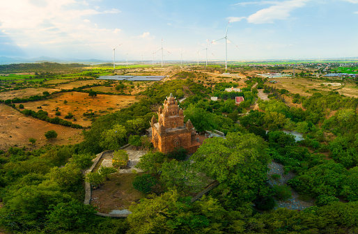 Drone view of Porome tower, ancient tower of Champa in Ninh Thuan province, central Vietnam