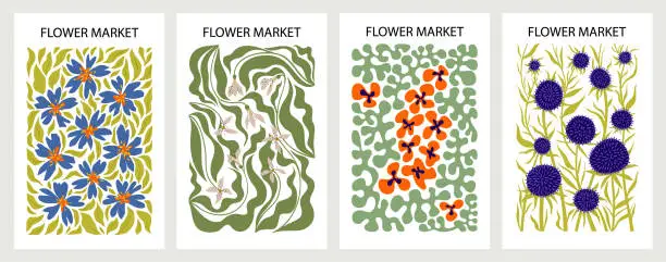 Vector illustration of Set of 4 abstract modern flower posters.