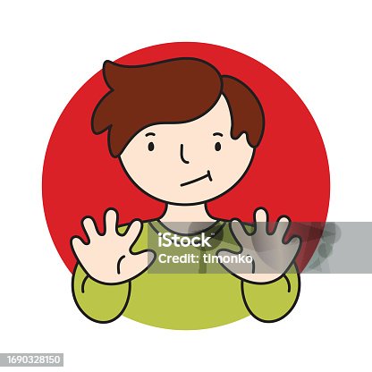 istock Stop sign and rejection concept. Young serious man cartoon character standing in red round and showing his palm with refusing emotion boy 1690328150