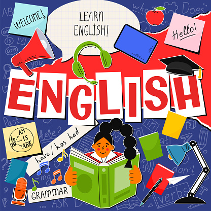 English. English language hand drawn doodles, lettering and stickers. Education vector illustration.