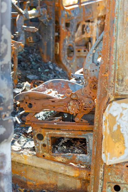 istock Burnt truck details, rusty and melted pieces. 1690348542