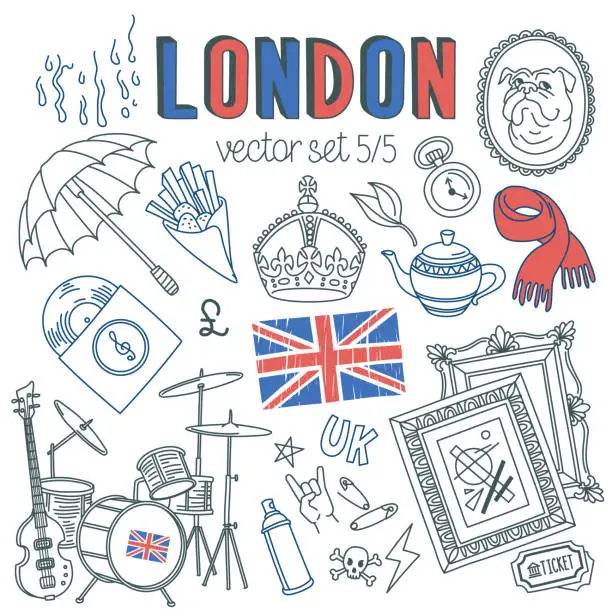 Vector illustration of London doodle set. Landmarks, architecture and traditional symbols of English culture.