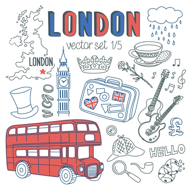 ilustrações, clipart, desenhos animados e ícones de conjunto de doodle de londres. marcos históricos, arquitetura e símbolos tradicionais da cultura inglesa. - mailbox london england red british culture